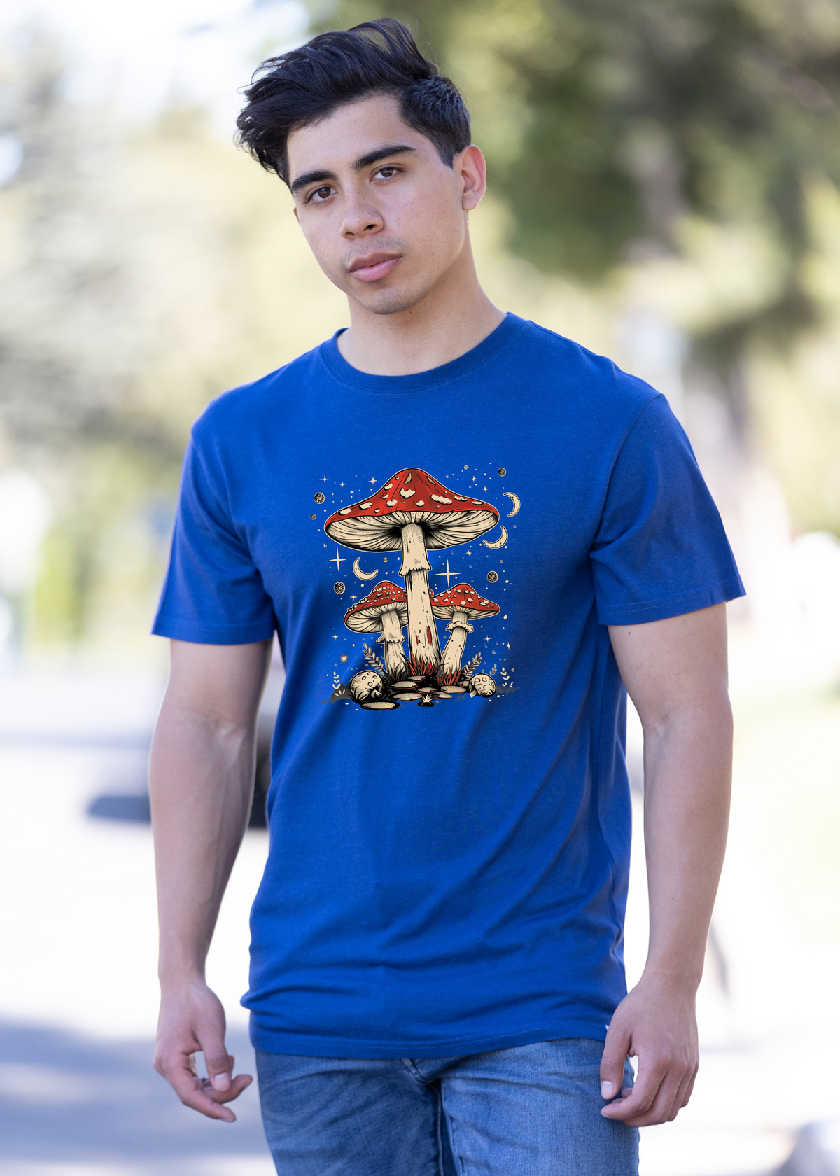Men's printed T-shirt by Spun Bamboo featuring boho retro hippie mushroom graphic on natural bamboo and cotton fabric.