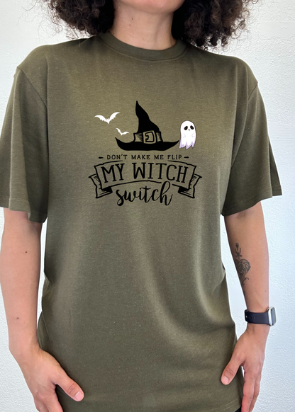 Unisex bamboo viscose organic cotton short sleeve graphic T-shirt featuring a witch design, by Spun Bamboo.