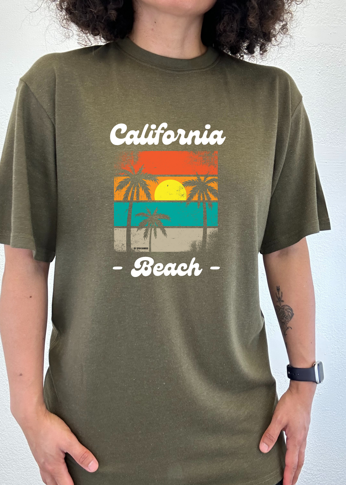 Spun Bamboo men's printed T-shirt featuring California beach graphic, made from bamboo viscose and organic cotton, short sleeve.