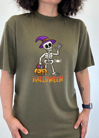 Men's Halloween graphic T-shirt by Spun Bamboo, short sleeve, made from organic cotton and bamboo viscose, featuring festive design.