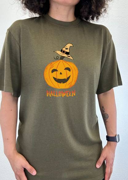 Spun Bamboo men's Halloween pumpkin graphic T-shirt made of bamboo viscose and organic cotton, short sleeve, unisex design.