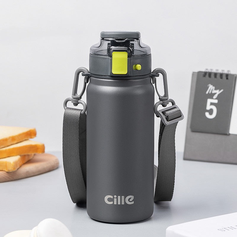 Insulated steel water flask from BACKUPMYFILESNOW® with a large volume, stainless steel body, and secure lid for hot and cold drinks.