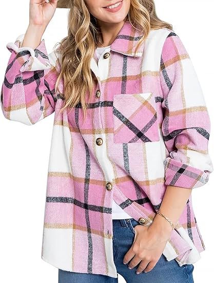 Women's woolen plaid pocket shirt casual jacket by My Store