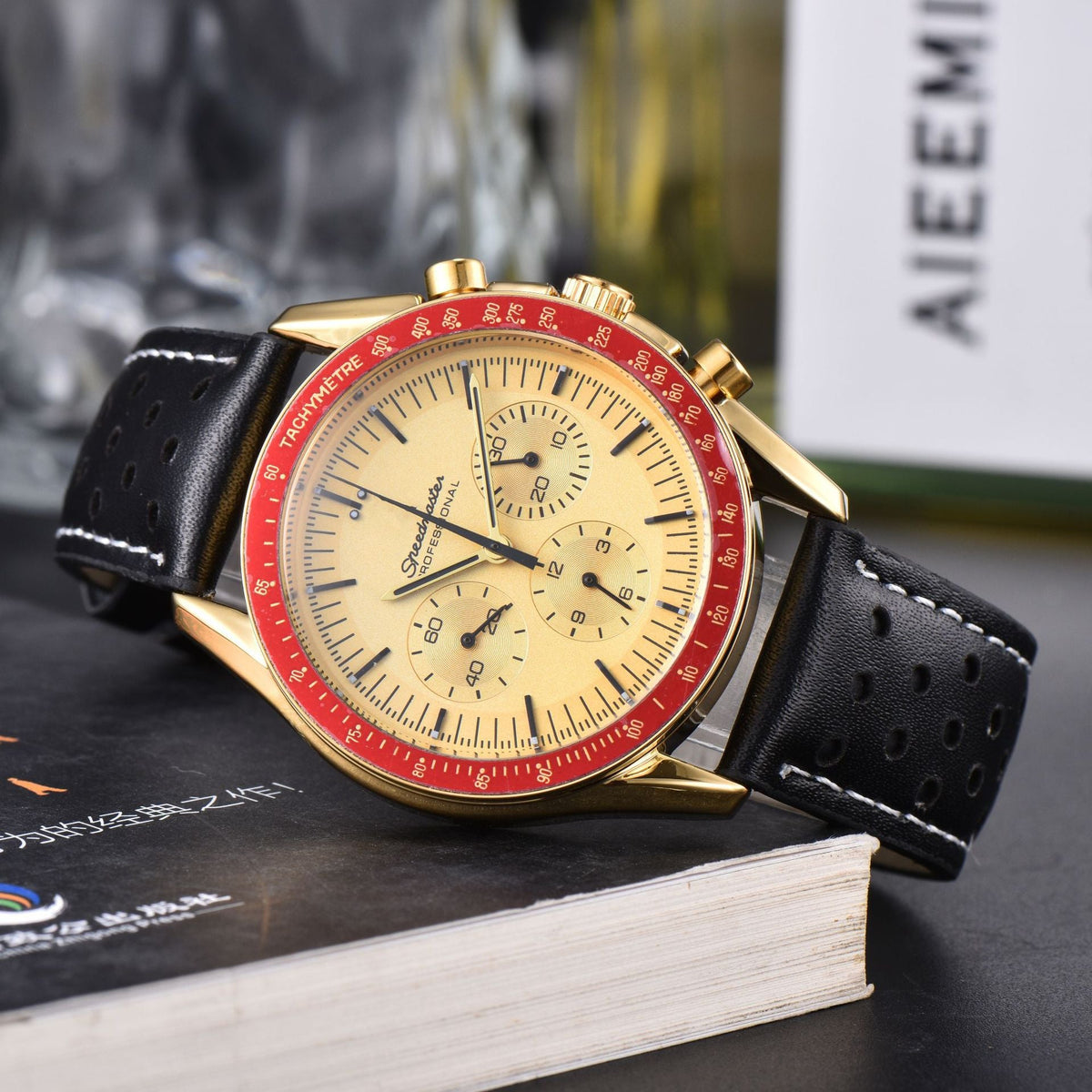 Business men's multi-function quartz watch with leather band and six-hand analog dial