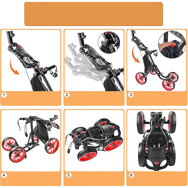 Foldable 4-wheel golf trolley for carrying golf supplies, shown in compact portable design