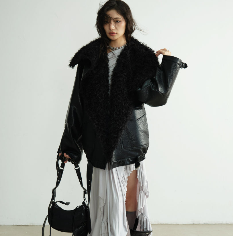 Mid-length heavyweight PU leather silhouette jacket in black, front view