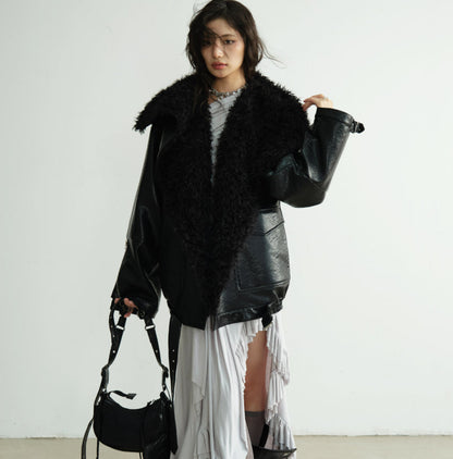 Mid-length heavyweight PU leather silhouette jacket in black, front view