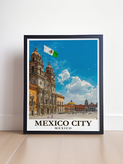 Mexico City art poster featuring Zocalo scene, ideal for Mexico living room decor, by MapYourDreams.