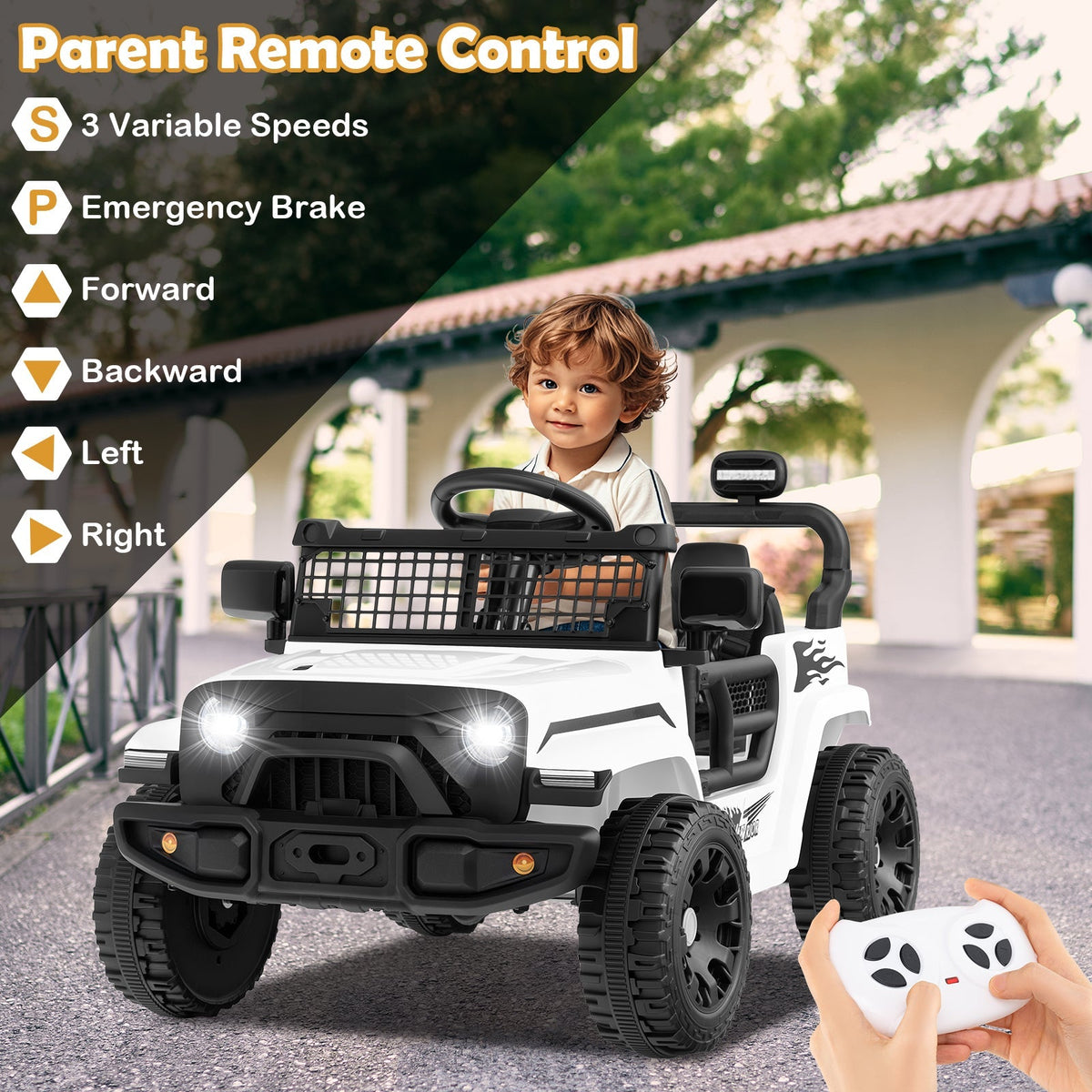 Child riding a 12V GBruno Store battery-powered electric ride-on truck for kids, with realistic truck design and safety features.
