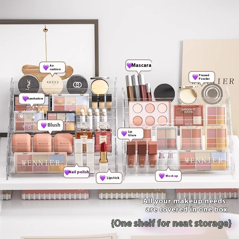 Transparent plastic cosmetics storage box with compartments for makeup and beauty products