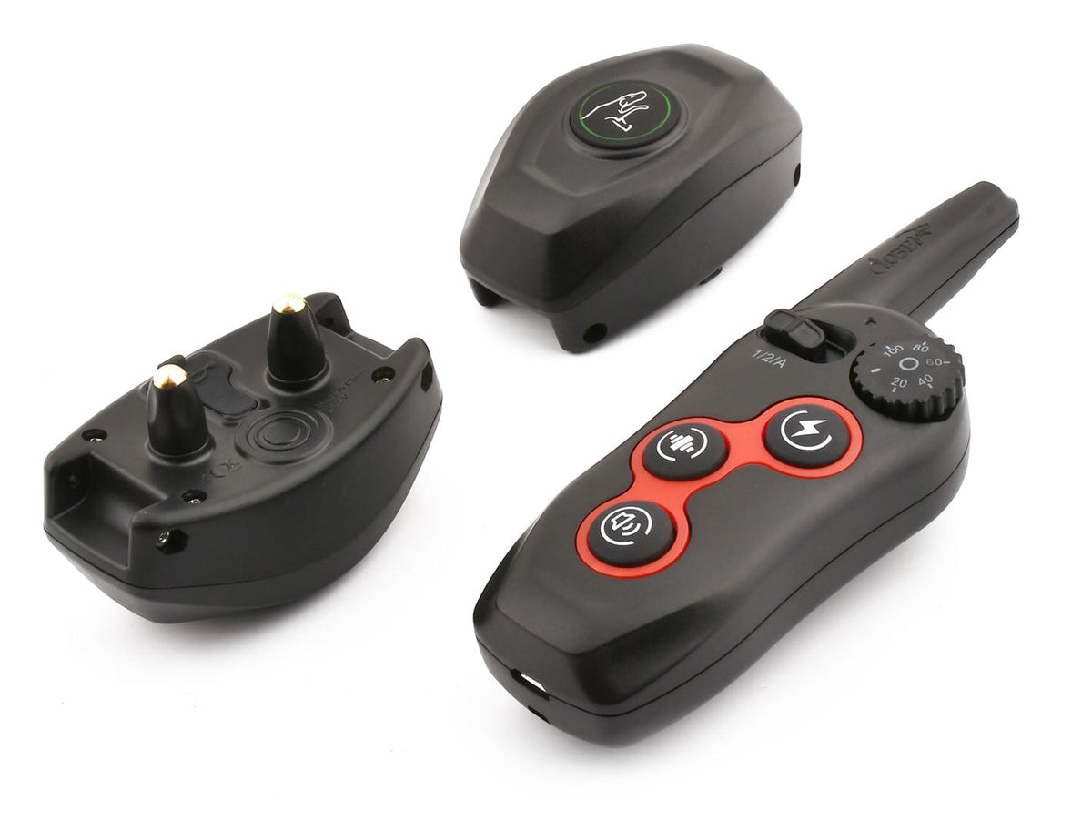Pet trainer device, front view in black plastic with compact handheld design