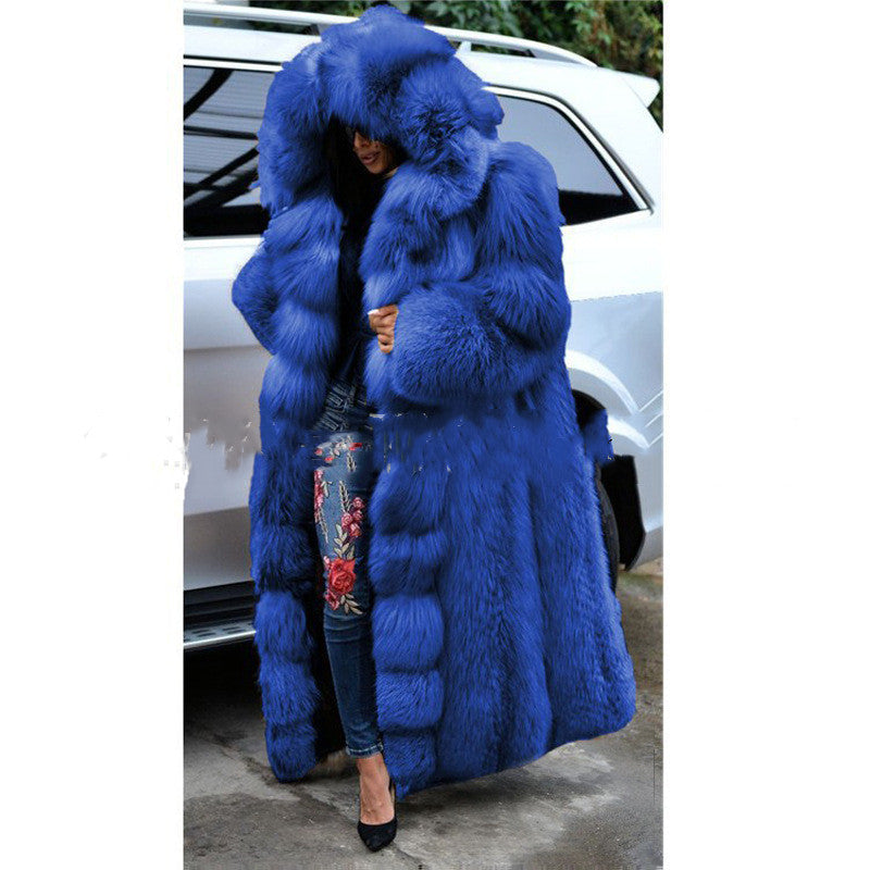 Women's long hooded faux fur coat in a soft, plush design