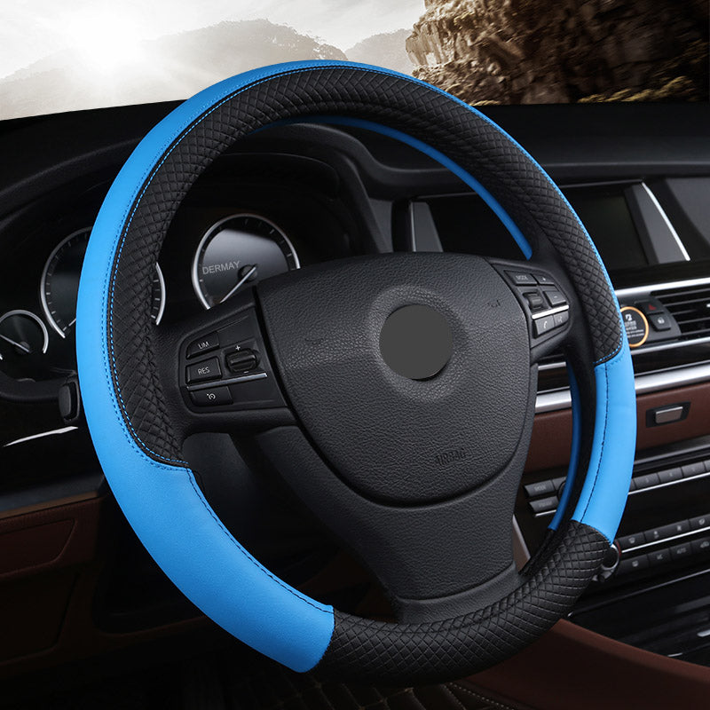 Universal leather steering wheel cover with textured black finish, designed for most car steering wheels