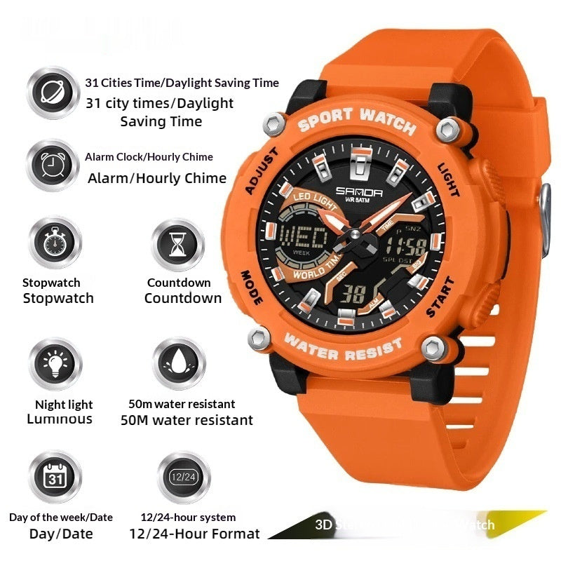 Students dual-display luminous chronograph hiking watch with digital and analog faces
