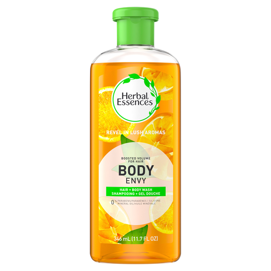 Herbal Essences Body Envy shampoo bottle, 11.7 fl oz, with vibrant packaging and botanical design on the label.