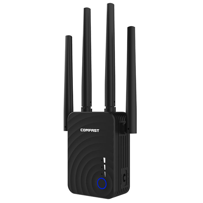 Dual-band 1200 Mbps wireless relay router, compact white design with antennas