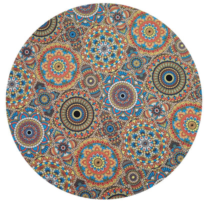 Set of 4 round placemats covers featuring mandala psycho design, made for MDF wood circles, by Maison Charlo, 14-inch diameter.