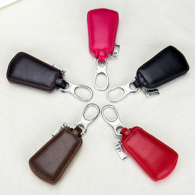 Leather car key case with zipper waistband, black
