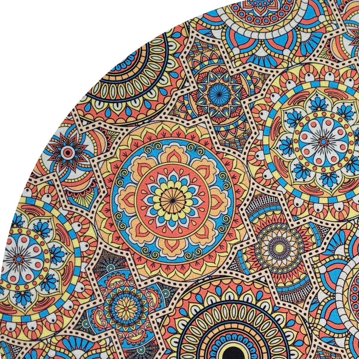 Set of four Maison Charlo mandala-inspired round placemats covers for MDF wood, 14-inch diameter, with colorful psycho design.