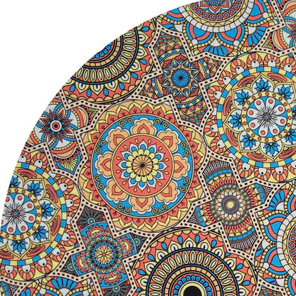 Set of four Maison Charlo mandala-inspired round placemats covers for MDF wood, 14-inch diameter, with colorful psycho design.