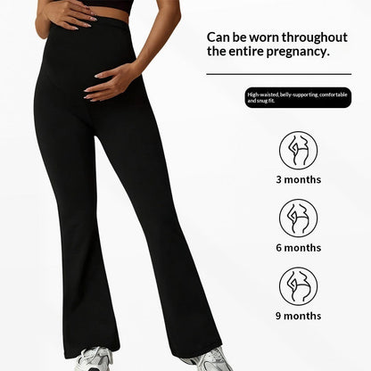 Maternity high waist flared leg pants with tummy support and butt-lifting leggings style for fall and winter