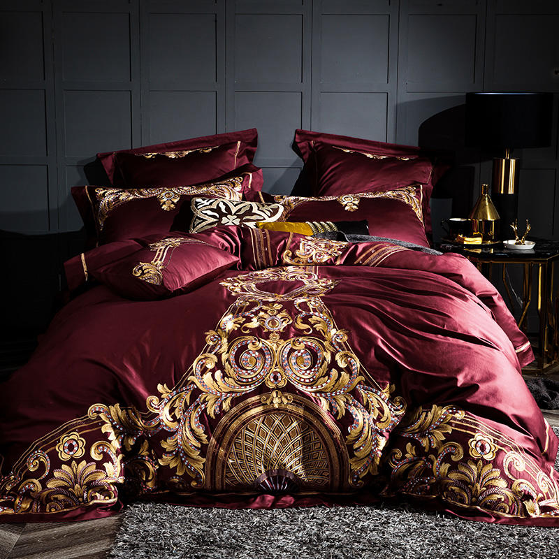 Embroidered Chinese cotton quilt cover bedding in detailed fabric close-up