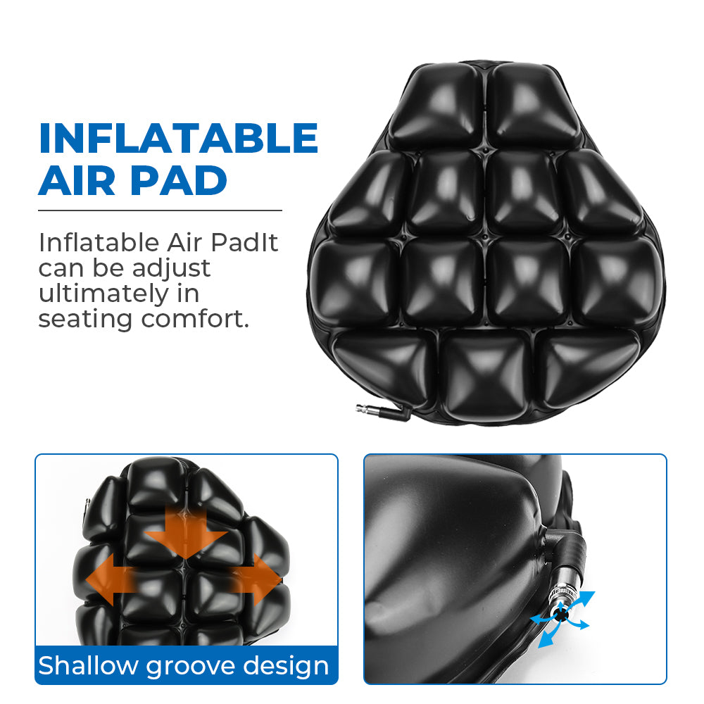 Motorcycle seat cushion with black padded cover for added riding comfort