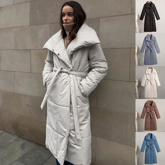 Women's large lapel long winter coat with pockets and lace-up design, solid color cotton jacket