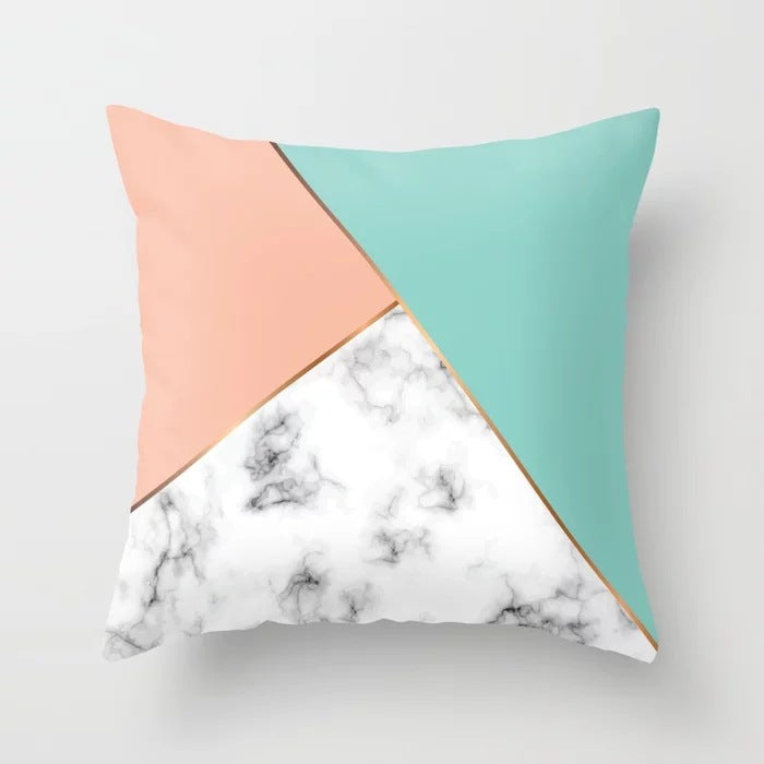 Pink geometric abstract decorative pillowcase with geometric pattern inscribed on pink fabric