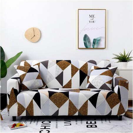 Elastic universal sofa cover in neutral color, shown fitted over a standard sofa for full furniture protection