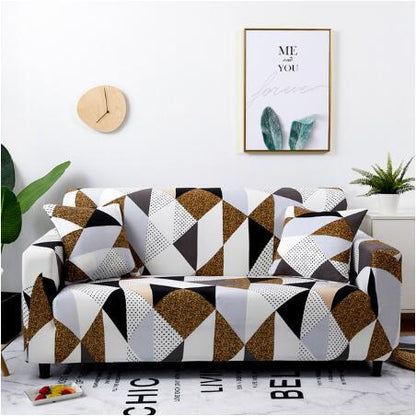 Elastic universal sofa cover in neutral color, shown fitted over a standard sofa for full furniture protection