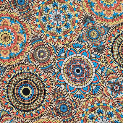 Set of 4 round placemats covers with colorful mandala design, made of MDF wood, 14-inch diameter by Maison Charlo.