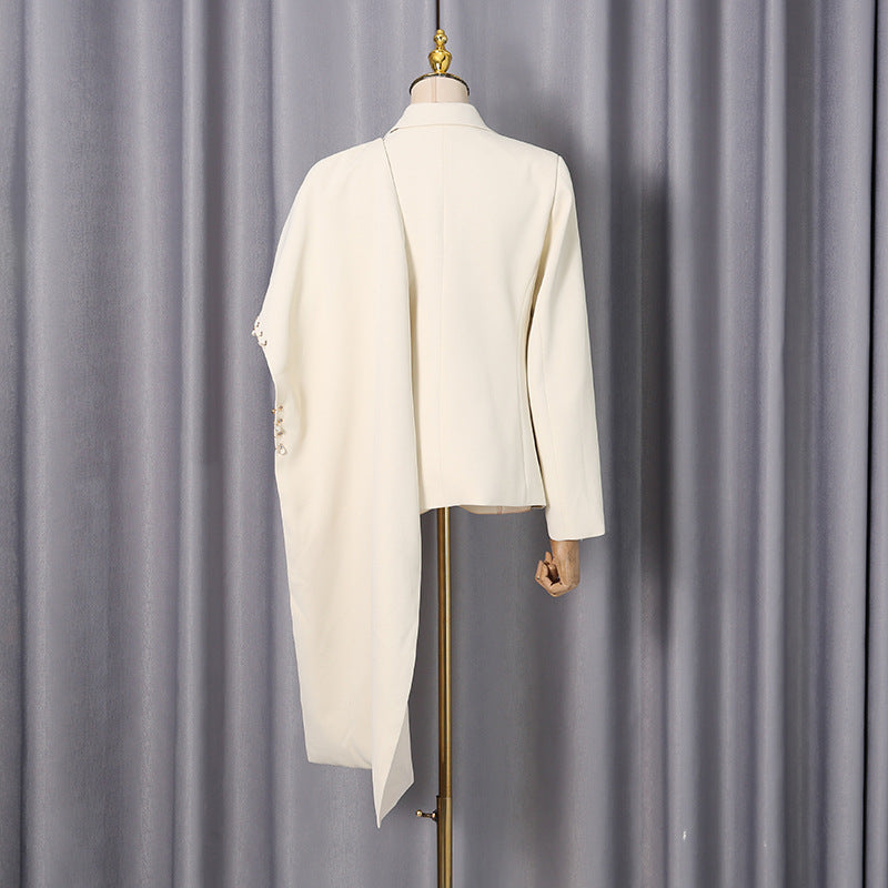 Waterfall draped pearl crystal bead trim asymmetrical tailored blazer by My Store