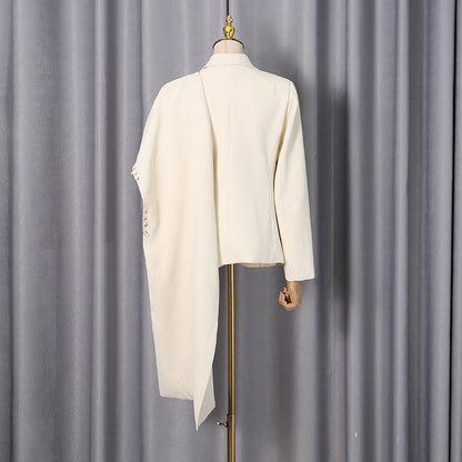 Waterfall draped pearl crystal bead trim asymmetrical tailored blazer by My Store