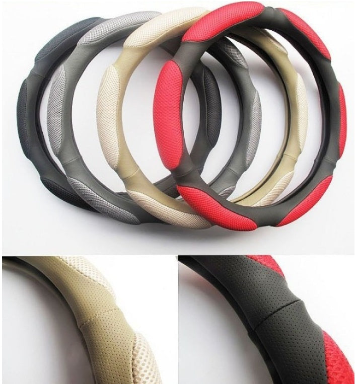 Black PU leather steering wheel cover with textured grip detail for car interiors
