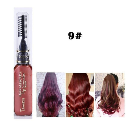 Temporary hair dye mascara tube with applicator wand in a compact cosmetic container