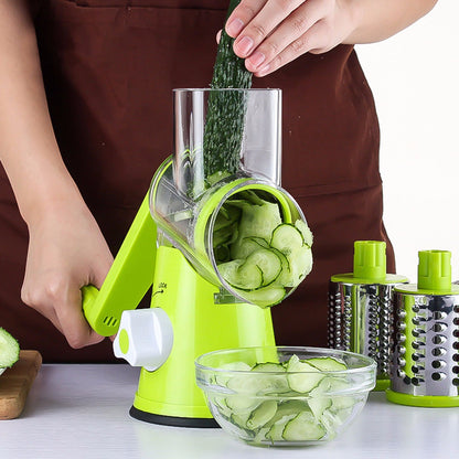 Round mandoline vegetable cutter for potato julienne, carrot grater, and cheese slicing