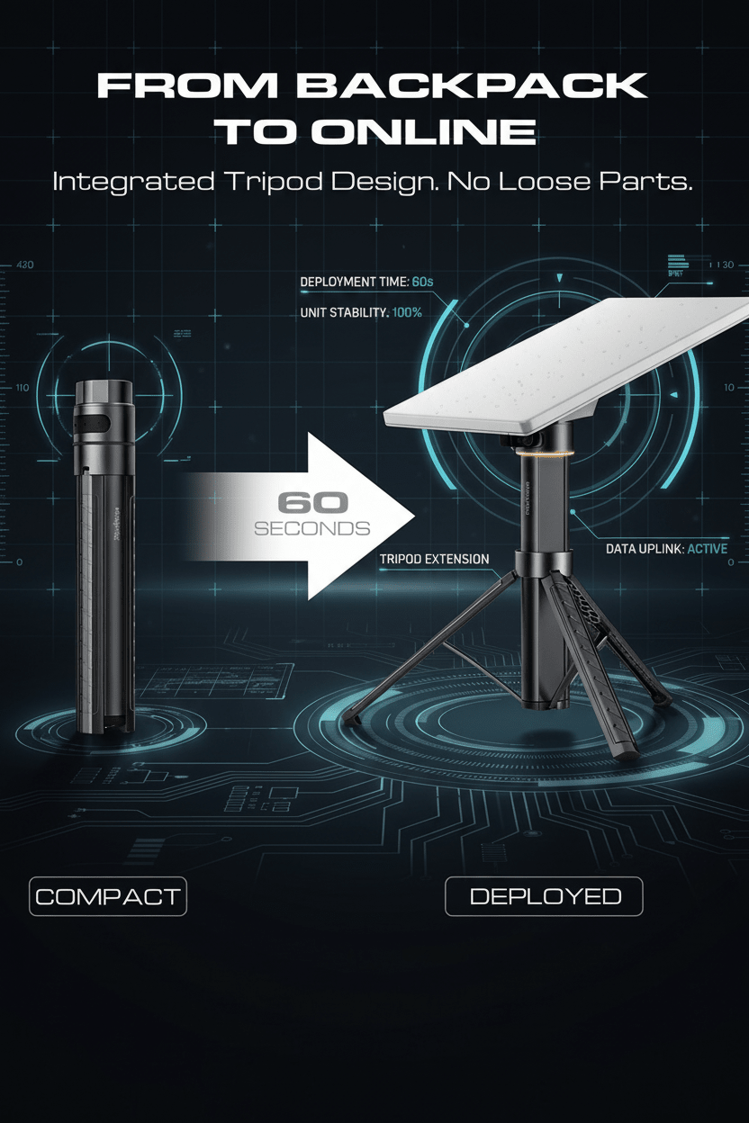Tesery RovEdge Mk-I 189Wh portable power tripod designed for Starlink Mini Battery Pack, providing mobile power for satellite internet.