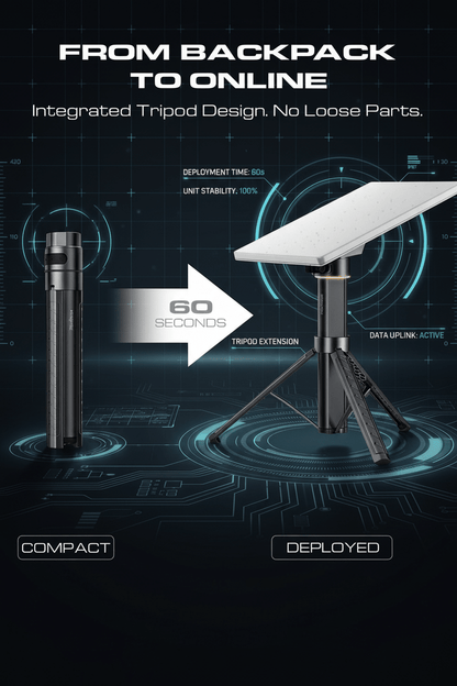Tesery RovEdge Mk-I 189Wh portable power tripod designed for Starlink Mini Battery Pack, providing mobile power for satellite internet.