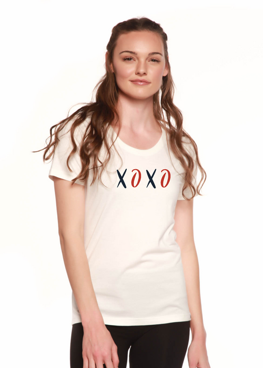 Spun Bamboo XOXO women's bamboo scoop neck graphic T-shirt with printed design and short sleeves, casual and comfortable fit.