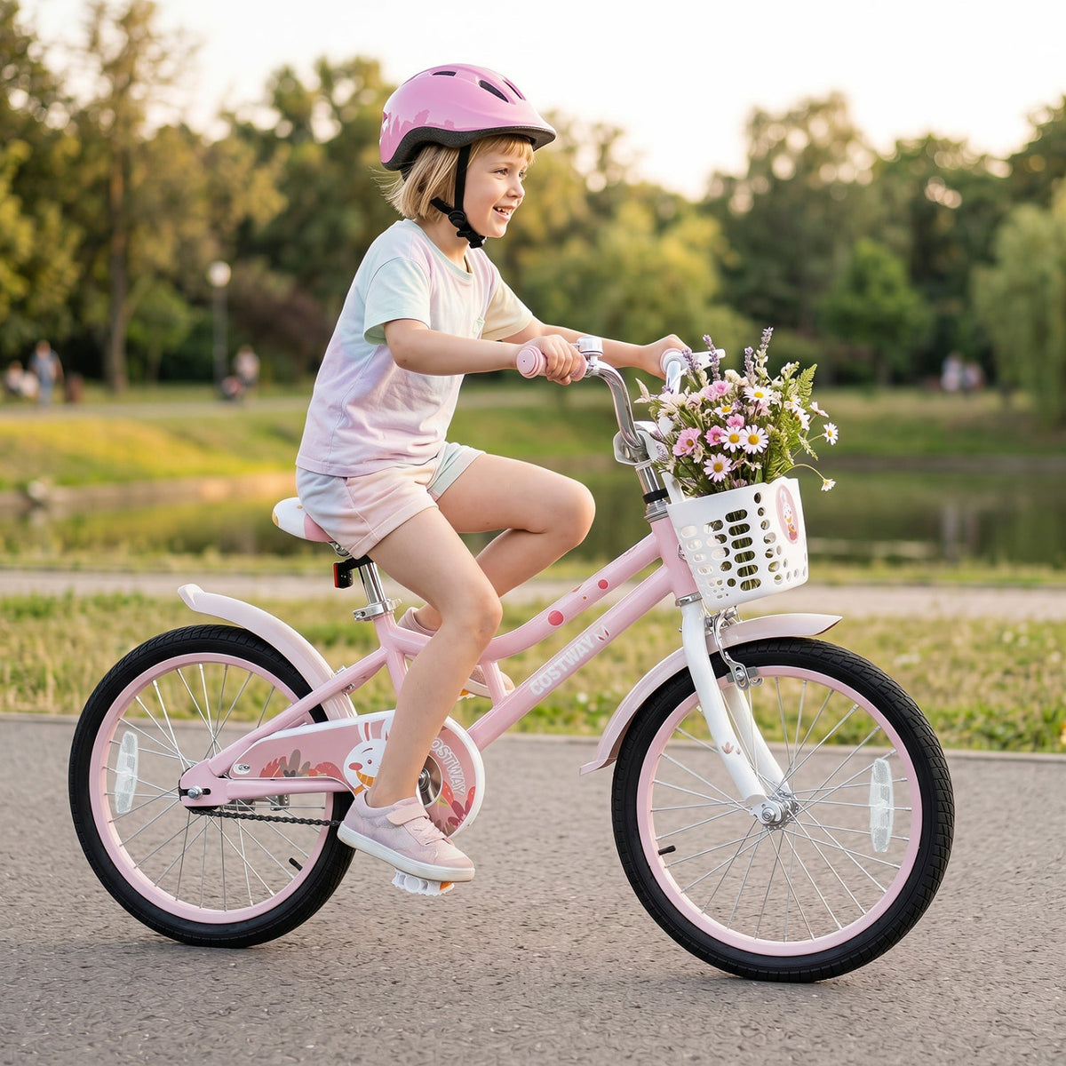 18-inch kids bike by GBruno Store with training wheels, front basket, adjustable seat, and colorful frame for young riders.