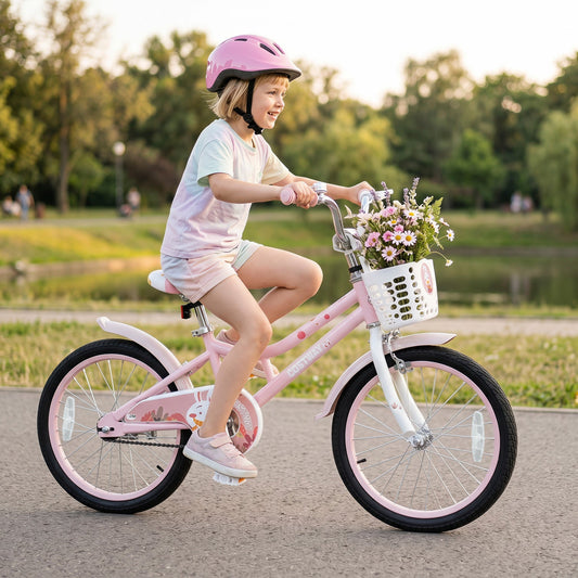 18-inch kids bike by GBruno Store with training wheels, front basket, adjustable seat, and colorful frame for young riders.
