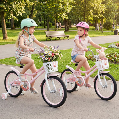 18-inch kids bike by GBruno Store with training wheels, front basket, adjustable seat, pink frame, suitable for young children.