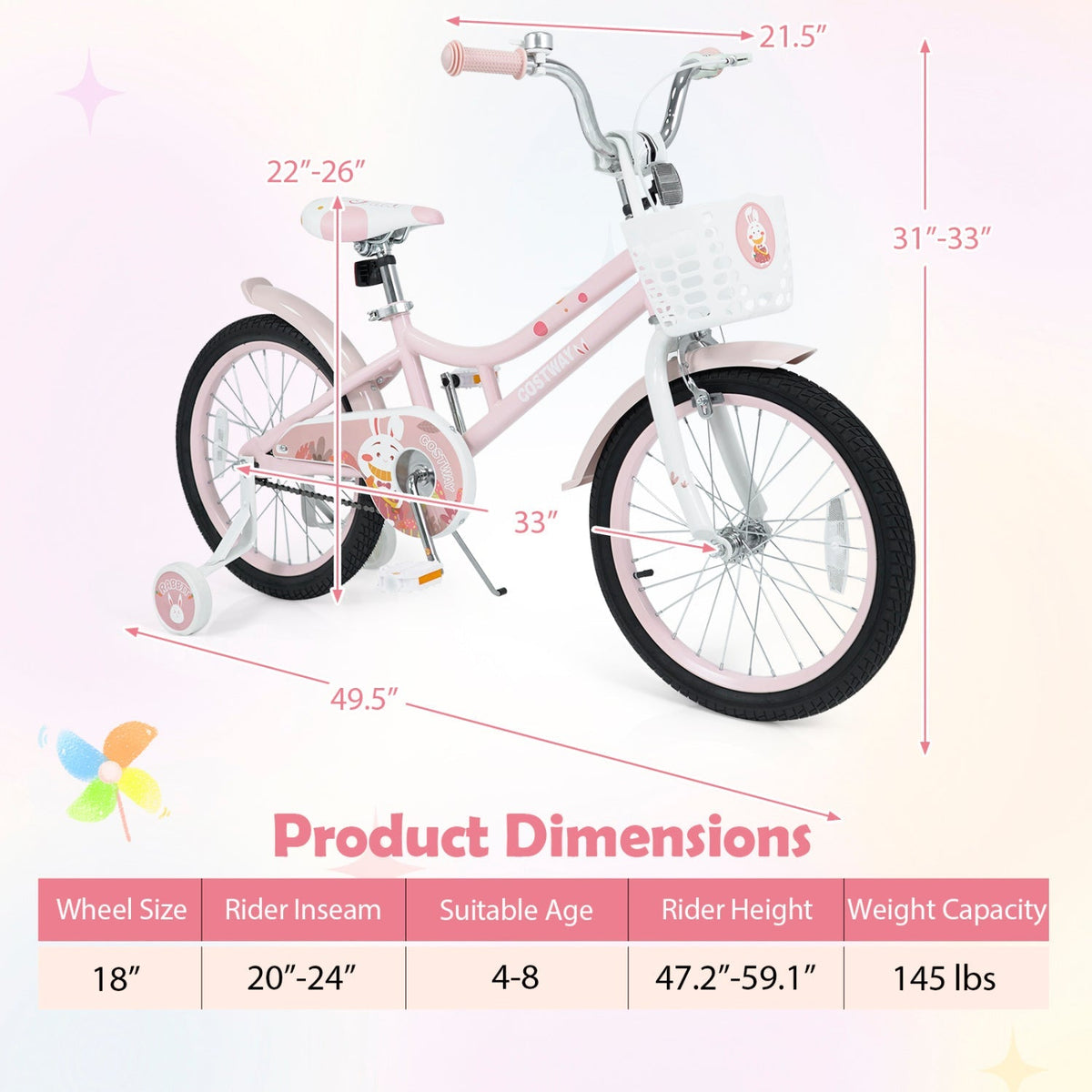 18-inch kids bike with training wheels and front basket, adjustable seat, by GBruno Store, suitable for young children.
