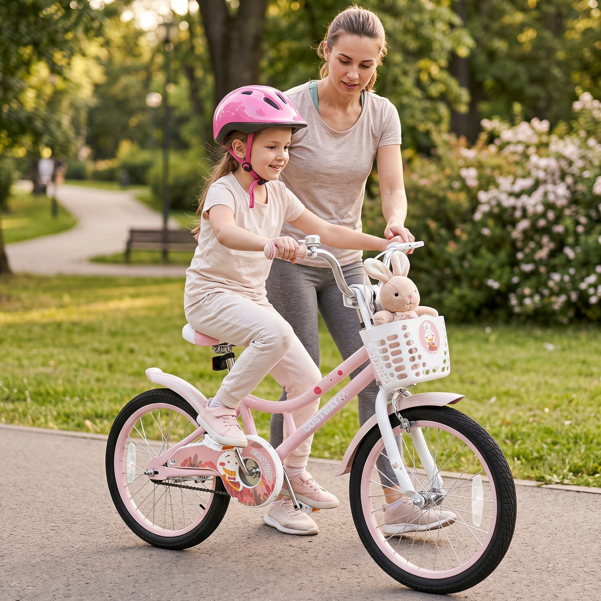 18-inch kids bike with training wheels, front basket, and adjustable seat by GBruno Store, ideal for young children learning to ride