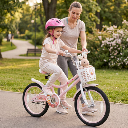 18-inch kids bike with training wheels, front basket, and adjustable seat by GBruno Store, ideal for young children learning to ride