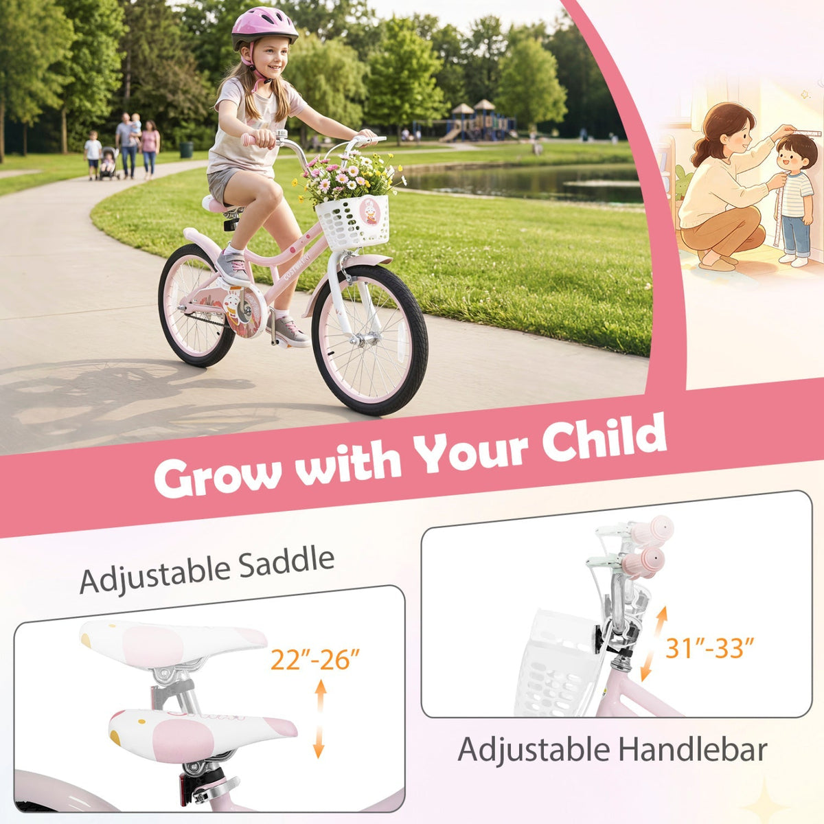 18-inch kids bike with training wheels, front basket, and adjustable seat by GBruno Store, suitable for young children.