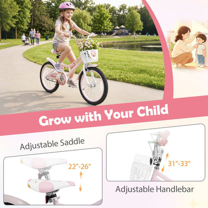 18-inch kids bike with training wheels, front basket, and adjustable seat by GBruno Store, suitable for young children.