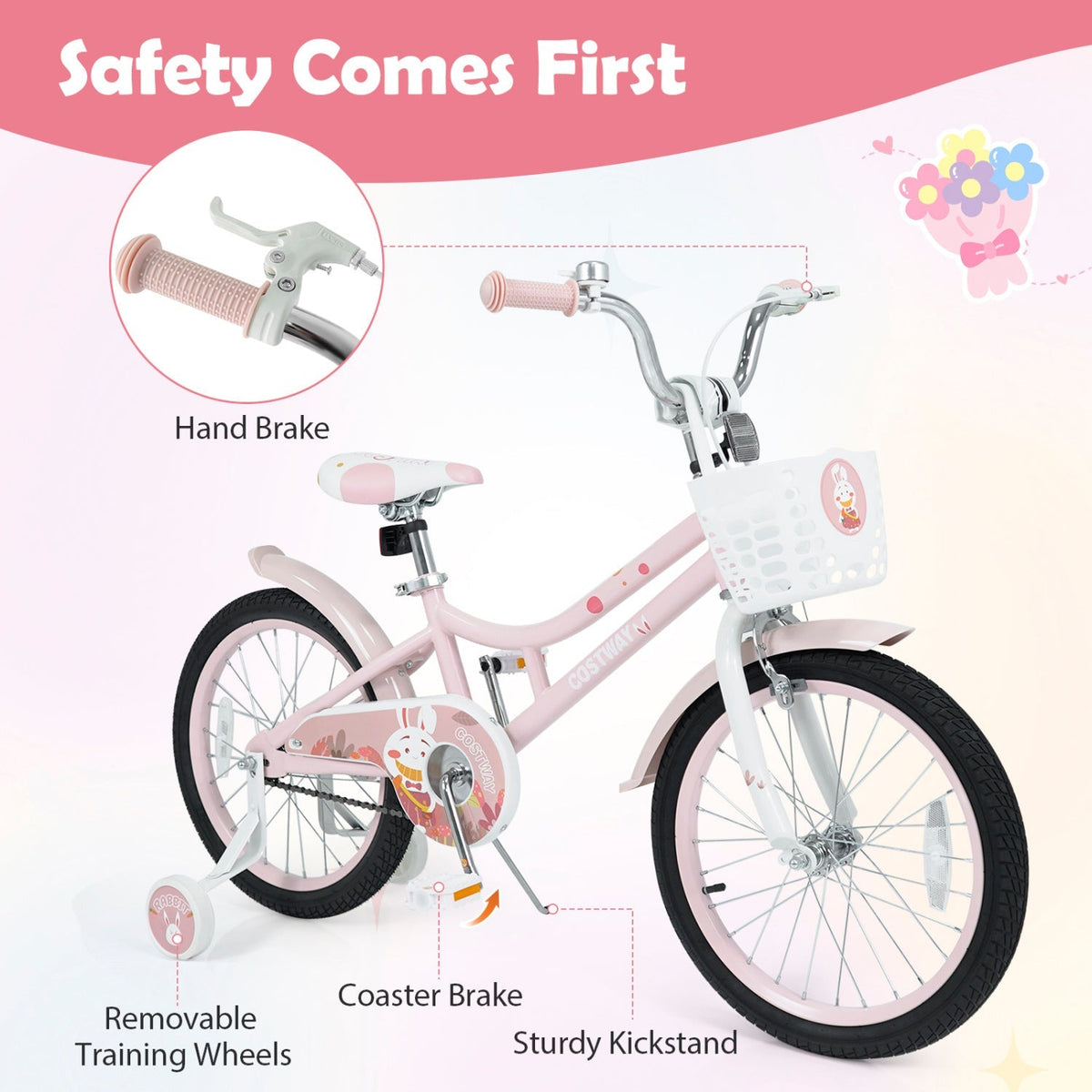 18-inch kids bike by GBruno Store with training wheels, front basket, and adjustable seat for young children.