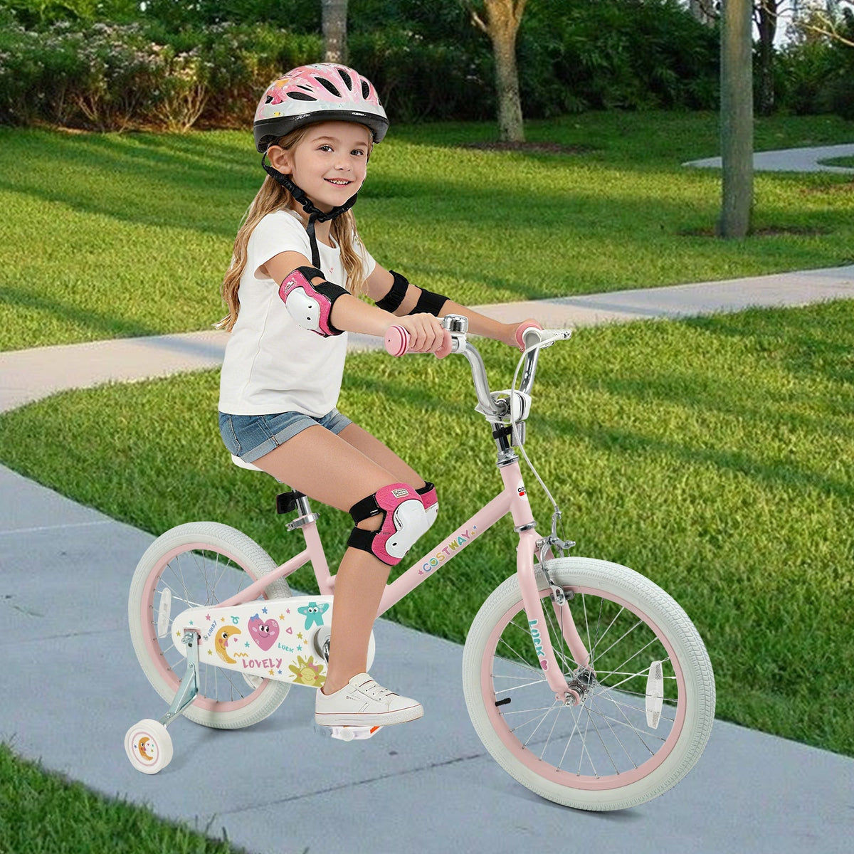 Pink kids bike with stars and moon design, 12-18 inch size with training wheels, suitable for young children.
